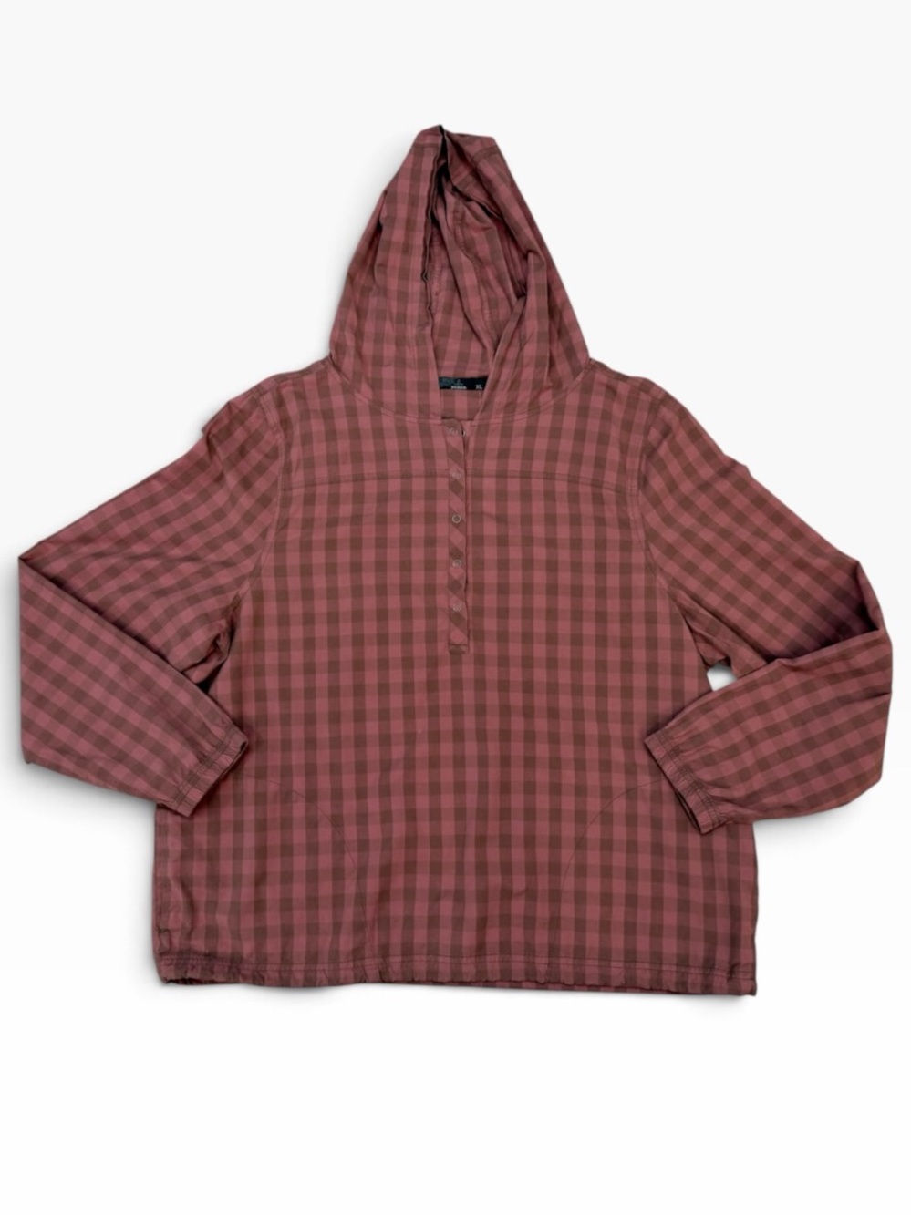 Prana Women’s Gingham Hooded Long Sleeve Shirt Pockets Sz XL Hiking Camping